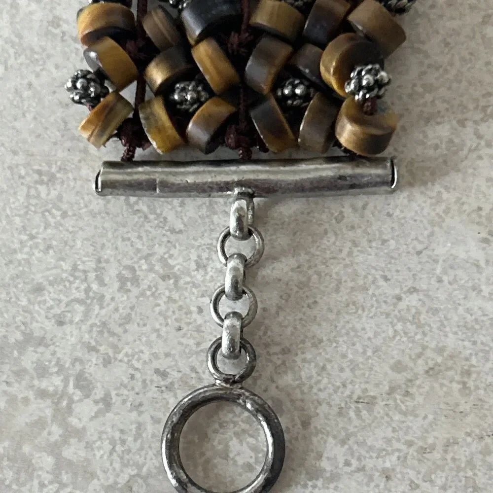Kenneth Cole Wide Multistrand Brown Beaded Bracelet Signed with T Clasp